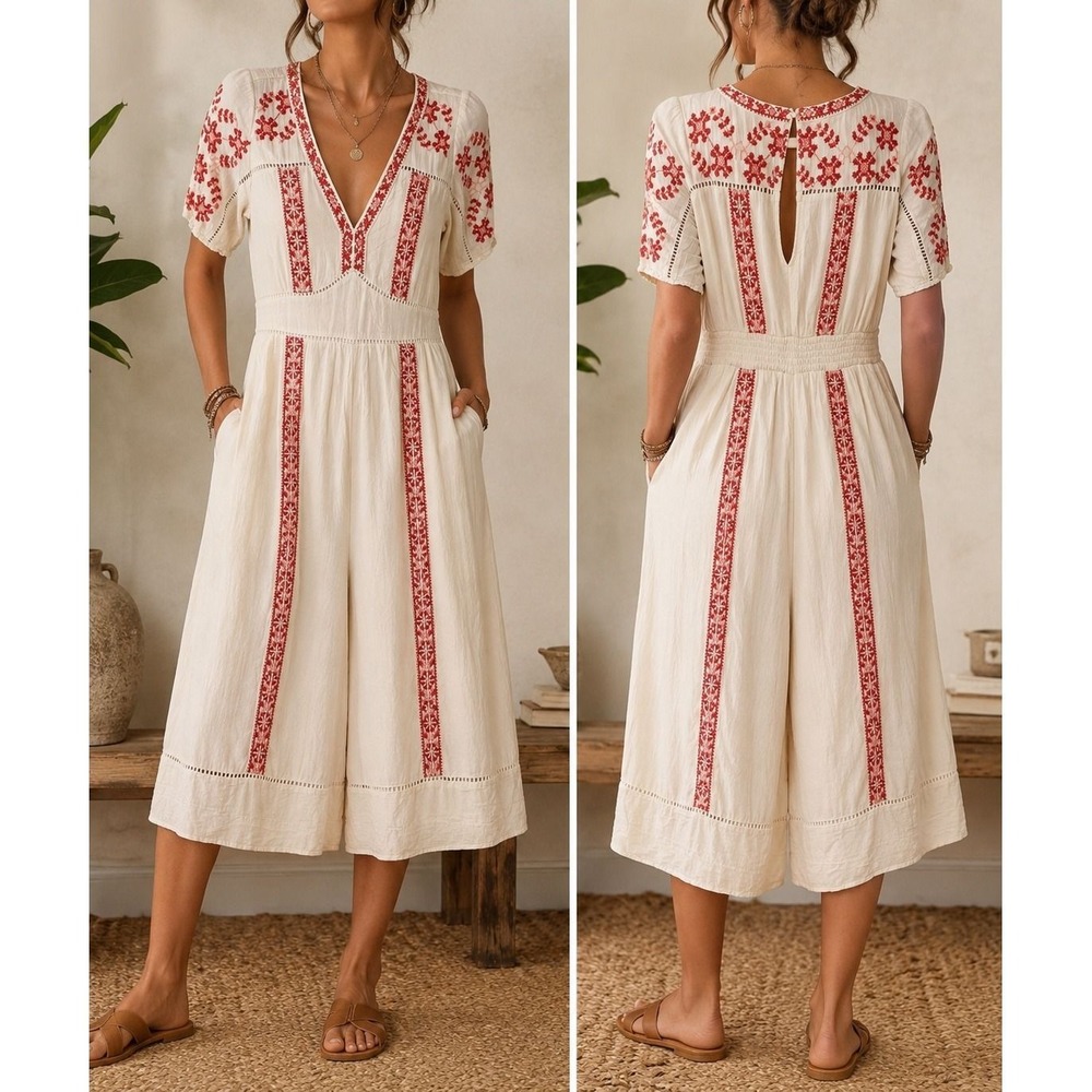 S 92- American Eagle Boho Embroidered Wide Leg Capri Culotte Jumpsuit Cream Red